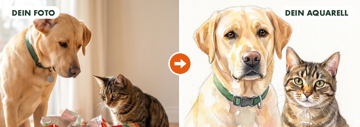 Vorher und nachher: Foto von Hund und Katze links, daraus gestaltetes Aquarell-Portrait rechts
