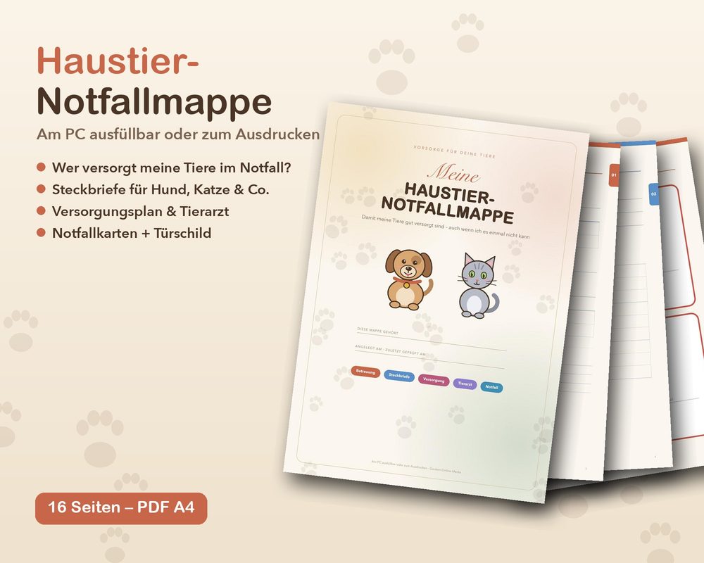 Vorlage Haustier-Notfallmappe zum Ausfüllen mit Hund und Katze auf dem Cover