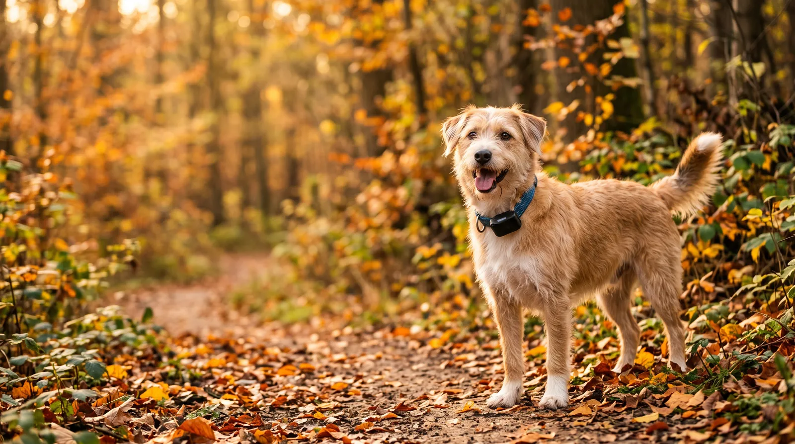 Hund mit GPS-Tracker am Halsband auf einem Waldweg im Herbst (Symbolbild, KI-generiert)