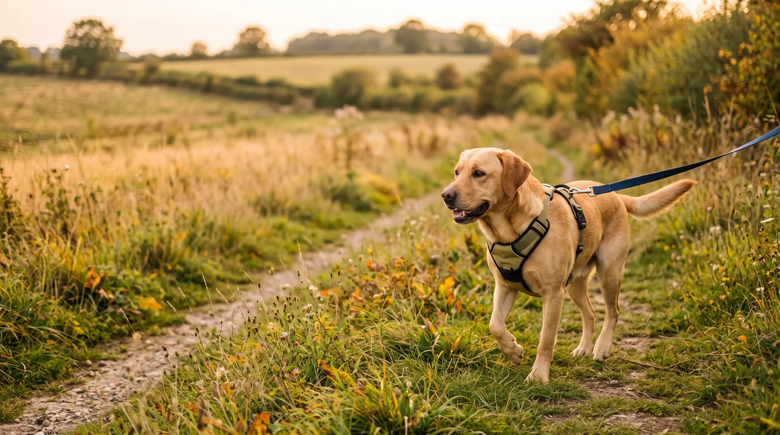 Labrador im gepolsterten Y-Geschirr an der Leine auf einem Feldweg (Symbolbild, KI-generiert)