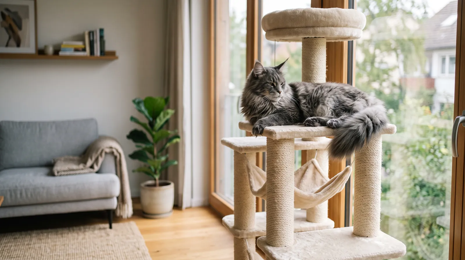 Graue Maine-Coon-Katze liegt auf einem Kratzbaum mit Sisalstämmen am Fenster (Symbolbild, KI-generiert)